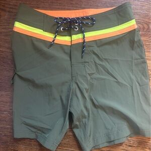 Men's Greenlines Olive Green Board Shorts with Orange and Yellow Stripes